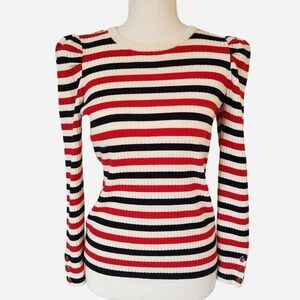 Talbots red white and navy puff sleeve crew neck striped pullover